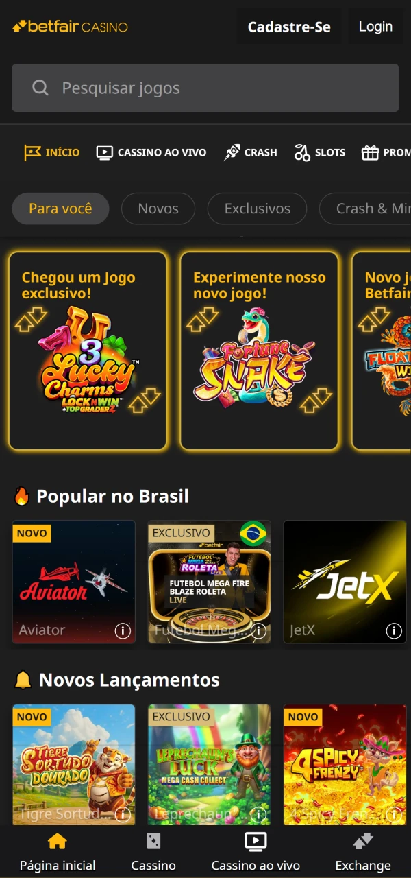 Visite a seção de cassino no Betfair.