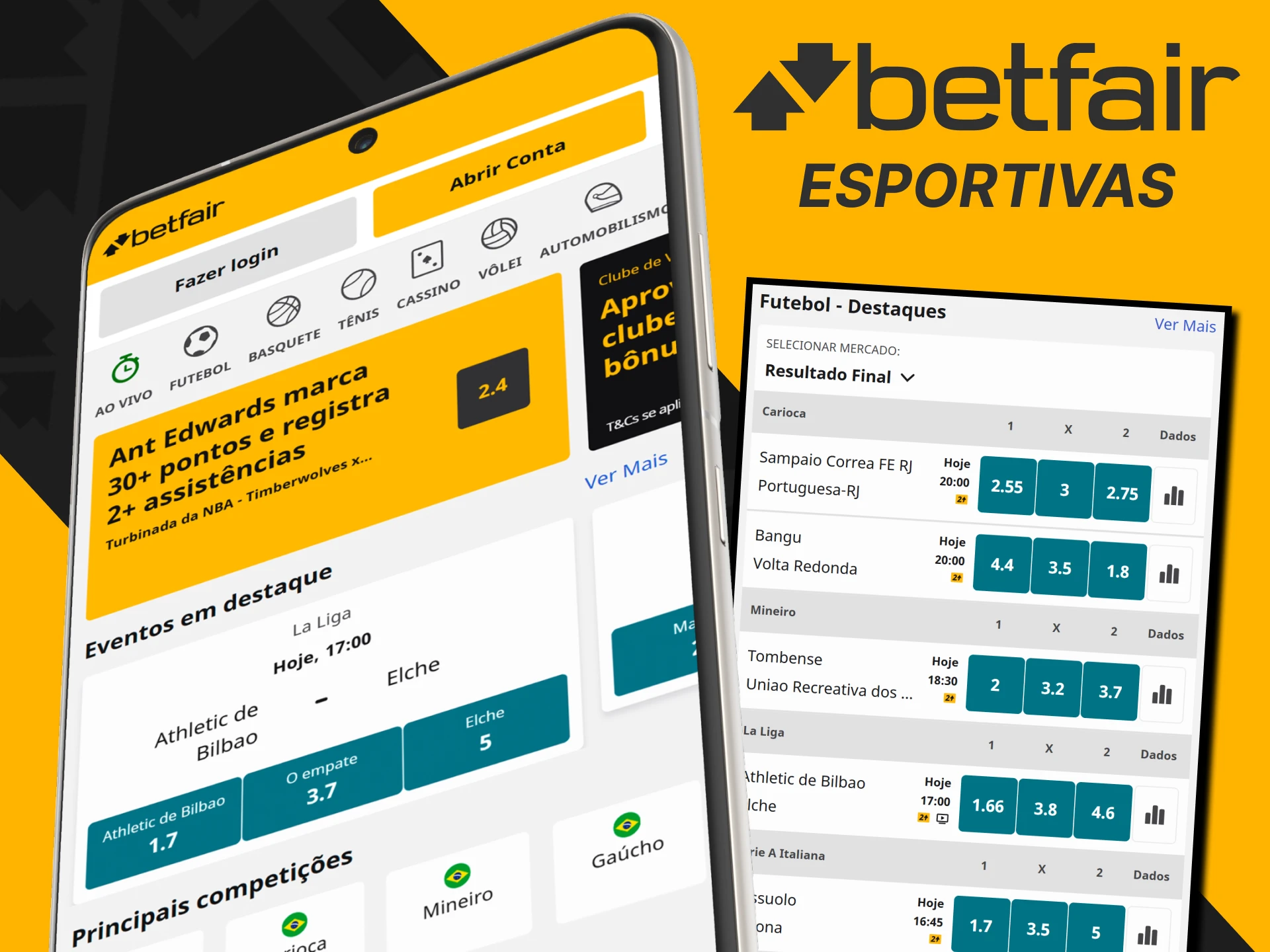Faça apostas em eventos esportivos no aplicativo da Betfair.